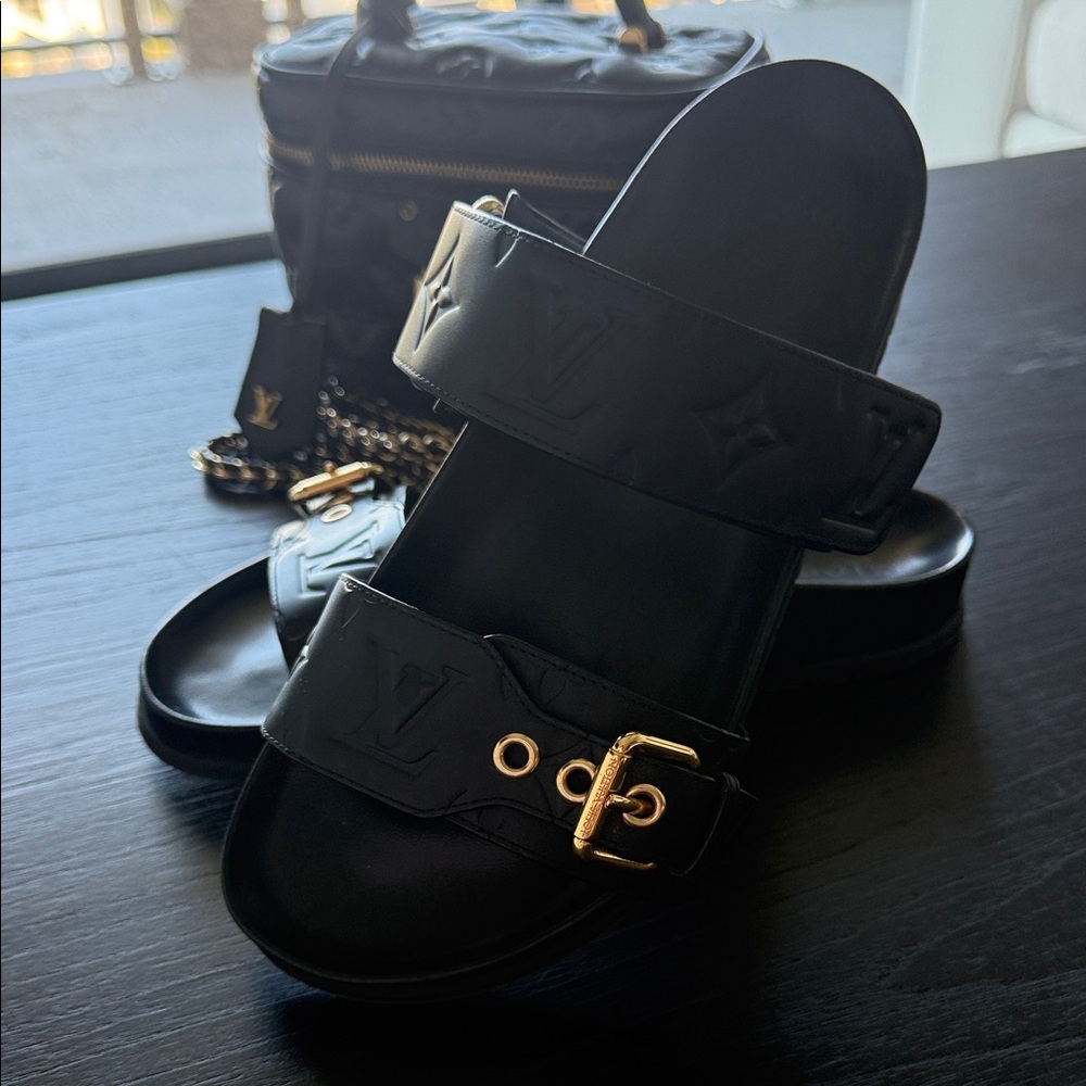 Louis Vuitton Black Sandals with Gold Buckle - Picture 1 of 2